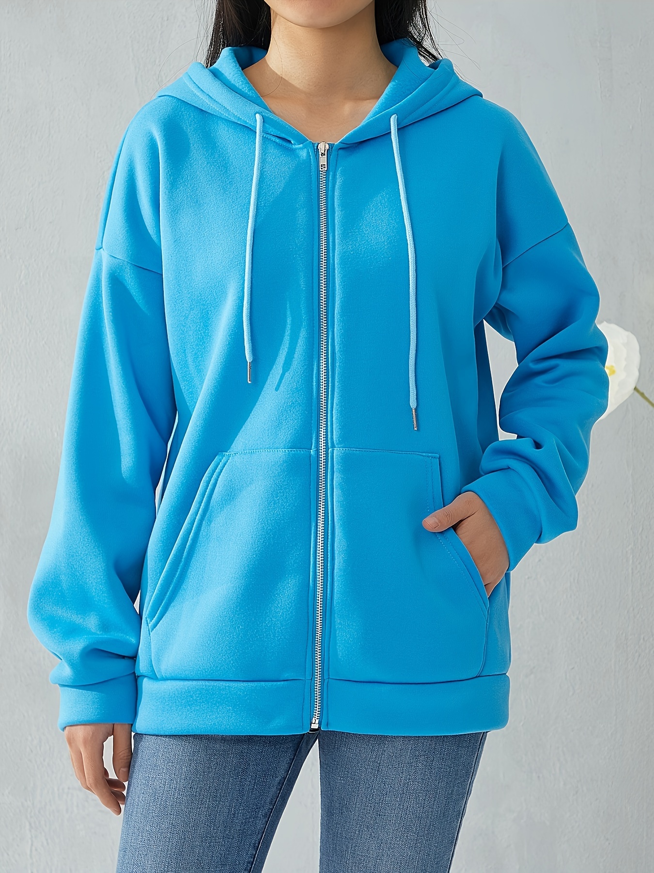 plus size solid color hooded sweatshirt casual long sleeve zipper front pockets drawstring sweatshirt for spring fall womens plus size clothing details 15