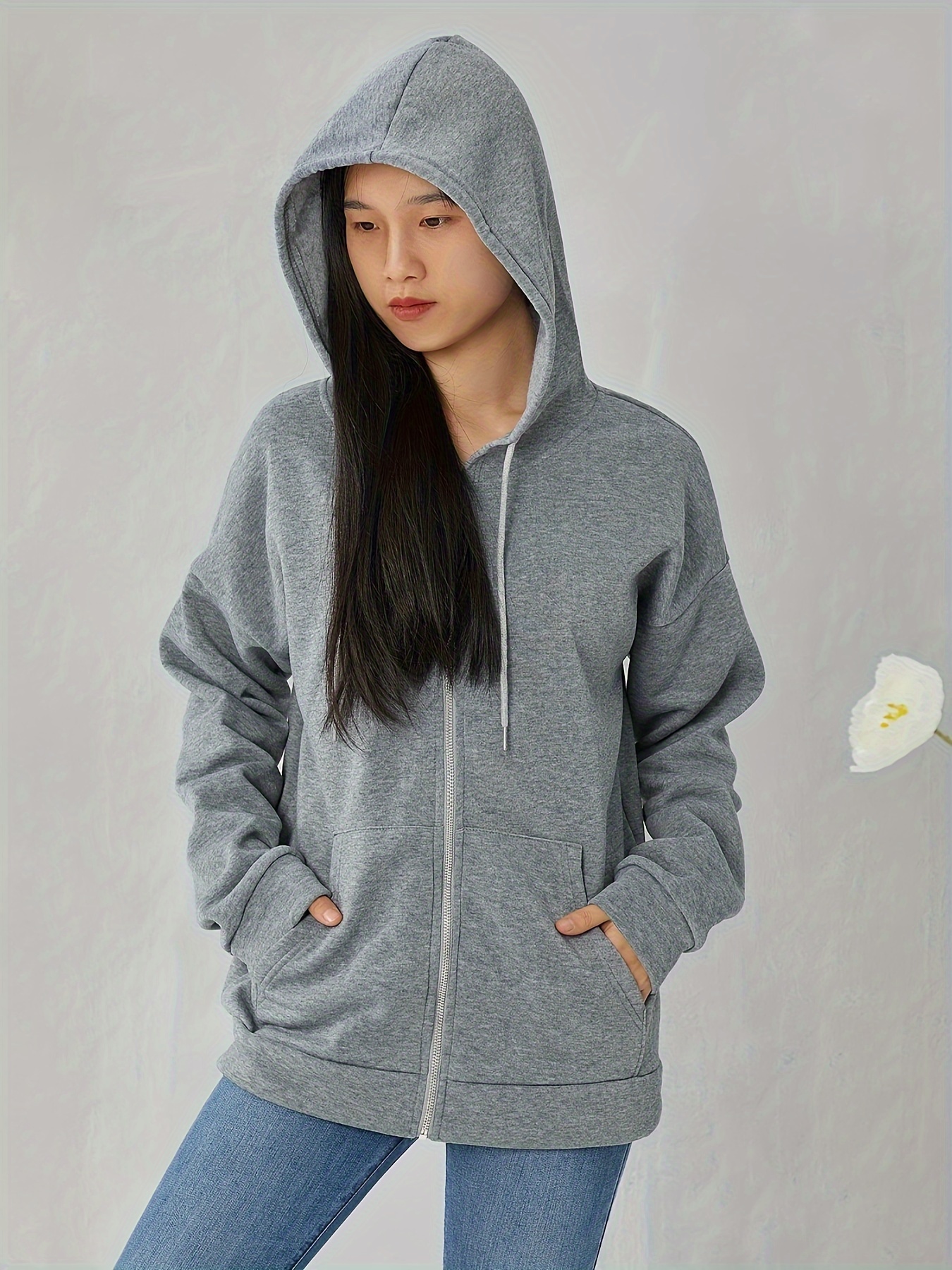 plus size solid color hooded sweatshirt casual long sleeve zipper front pockets drawstring sweatshirt for spring fall womens plus size clothing details 17