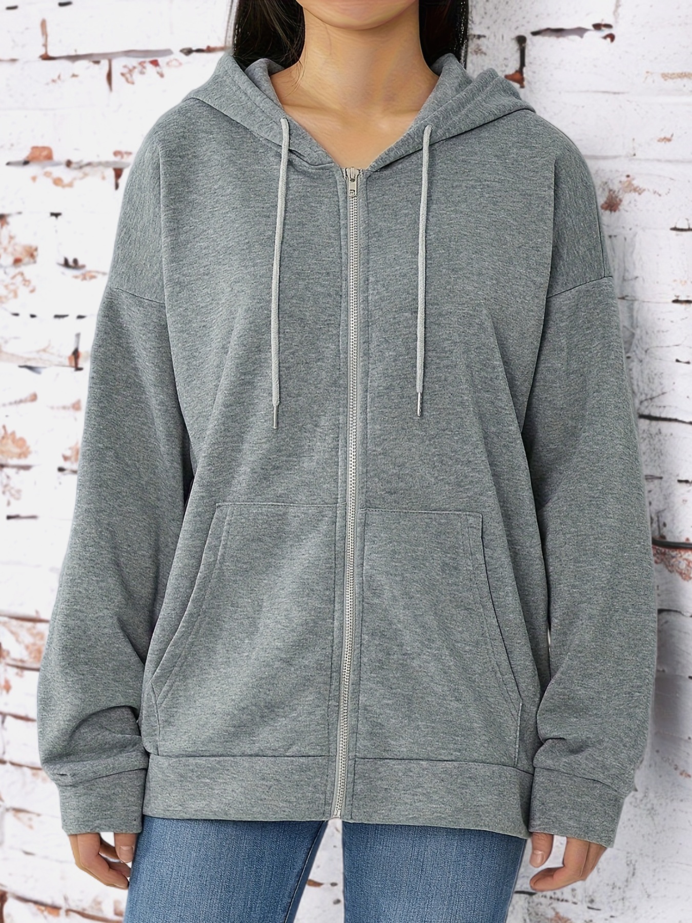 plus size solid color hooded sweatshirt casual long sleeve zipper front pockets drawstring sweatshirt for spring fall womens plus size clothing details 18