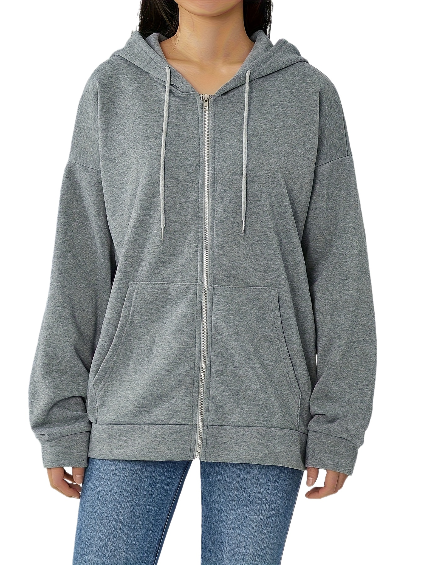 plus size solid color hooded sweatshirt casual long sleeve zipper front pockets drawstring sweatshirt for spring fall womens plus size clothing details 20