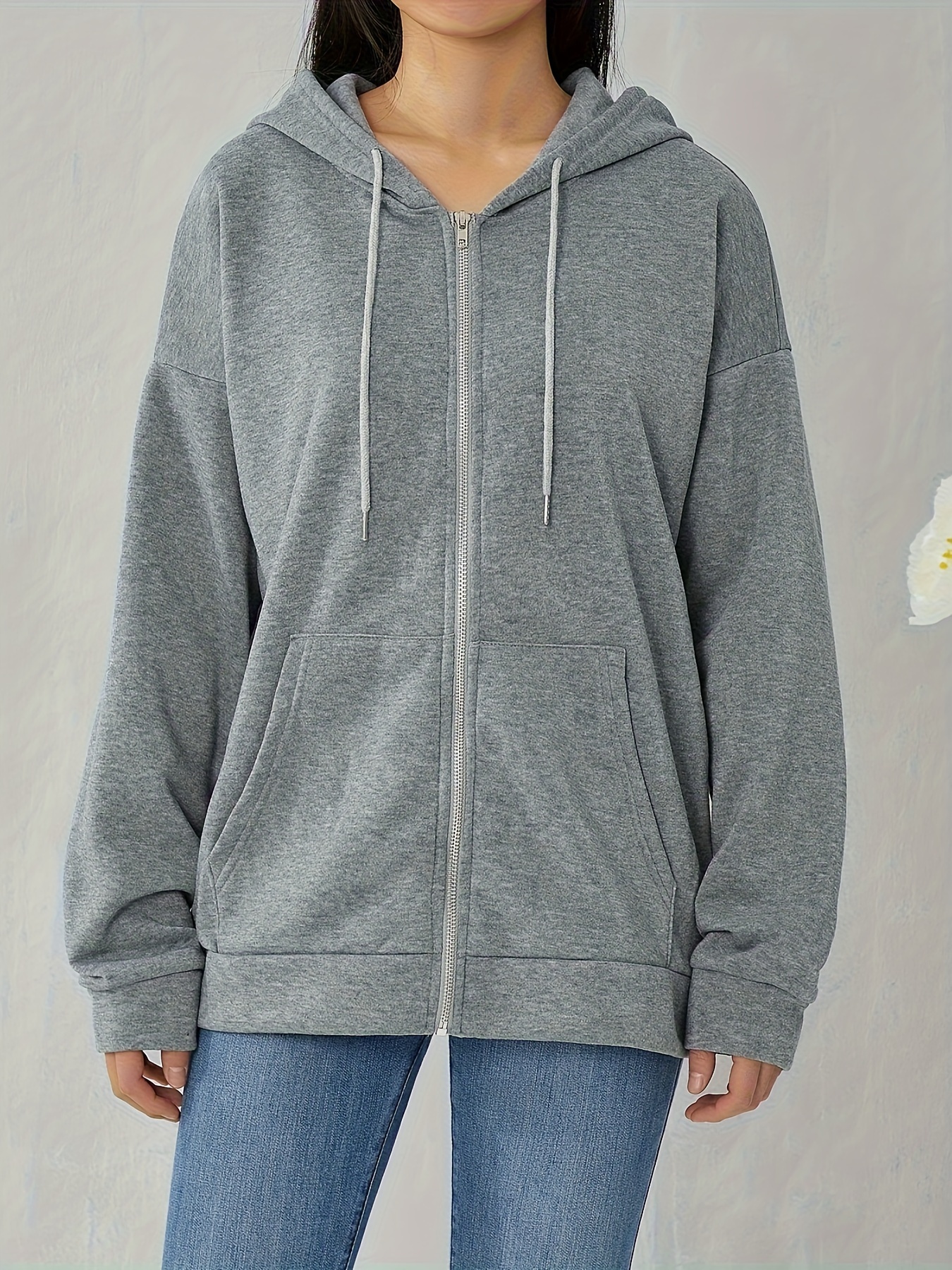 plus size solid color hooded sweatshirt casual long sleeve zipper front pockets drawstring sweatshirt for spring fall womens plus size clothing details 21