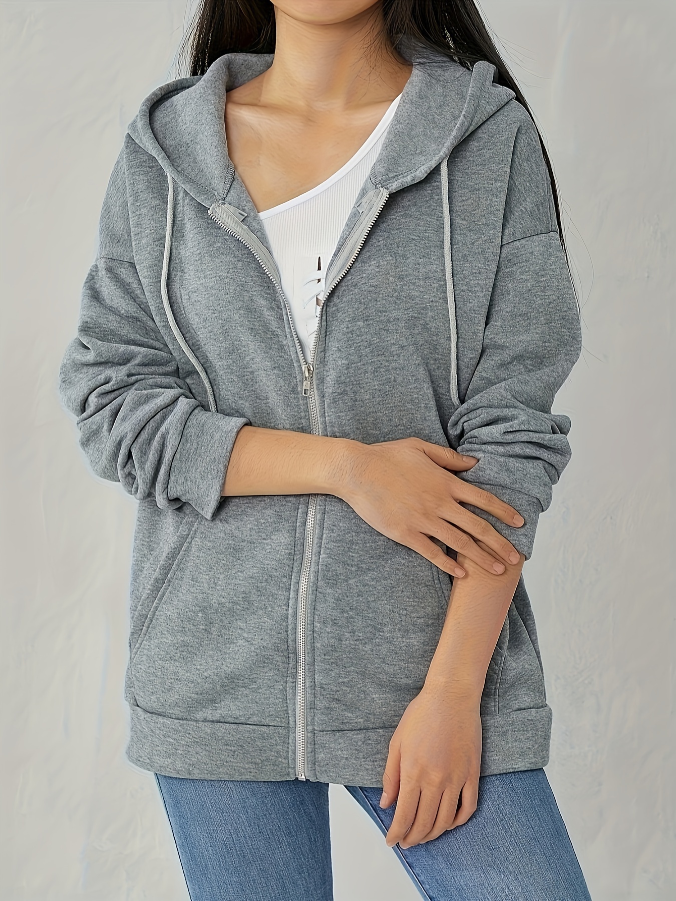 plus size solid color hooded sweatshirt casual long sleeve zipper front pockets drawstring sweatshirt for spring fall womens plus size clothing details 23