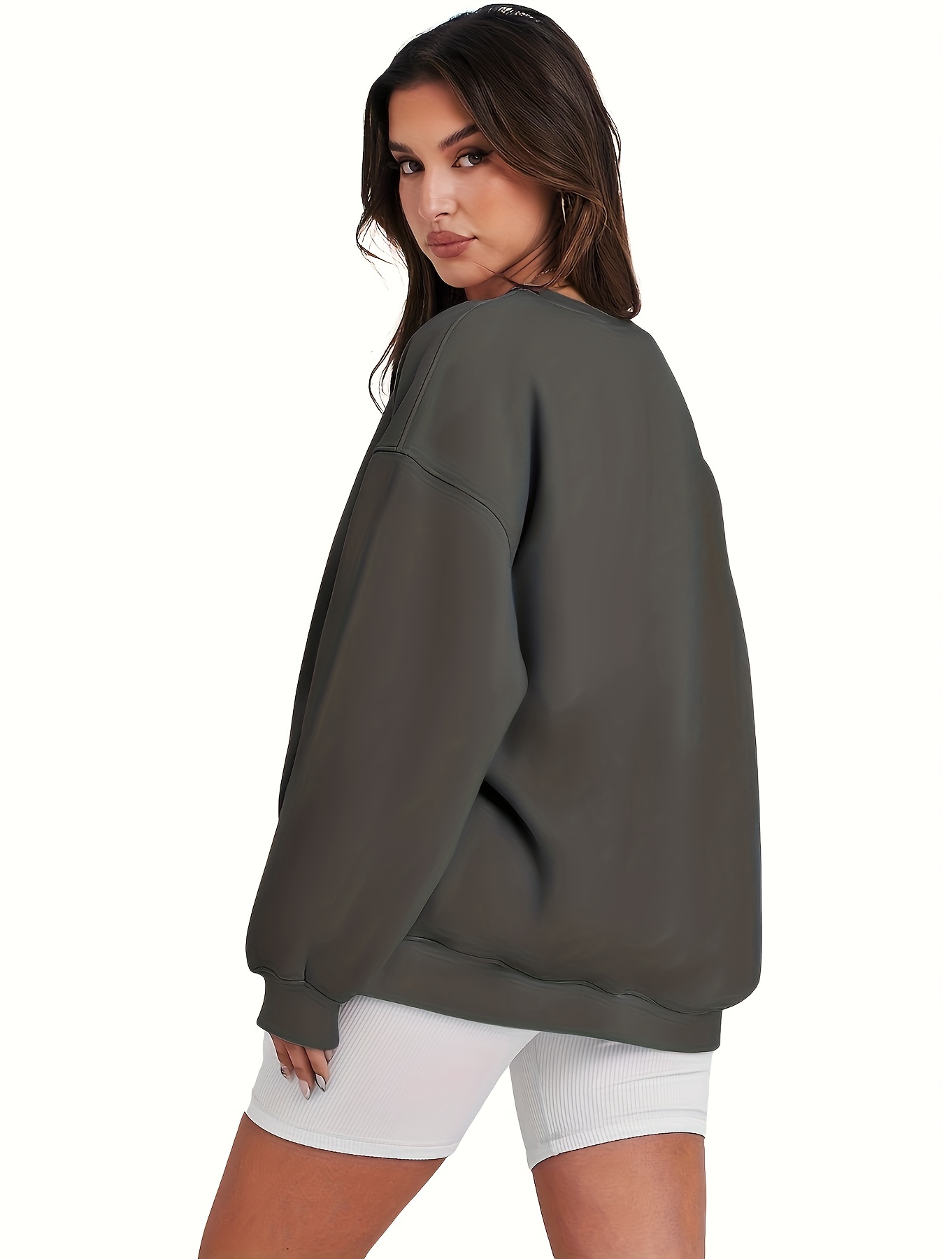 plus size basic sweatshirt womens plus solid long sleeve round neck pullover sweatshirt details 4