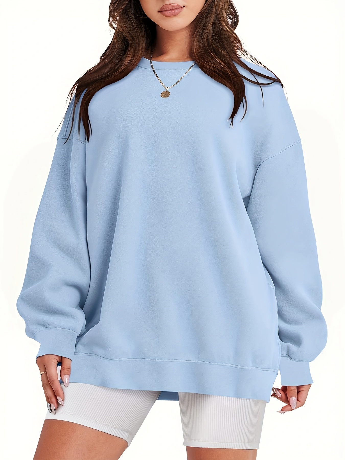plus size basic sweatshirt womens plus solid long sleeve round neck pullover sweatshirt details 6