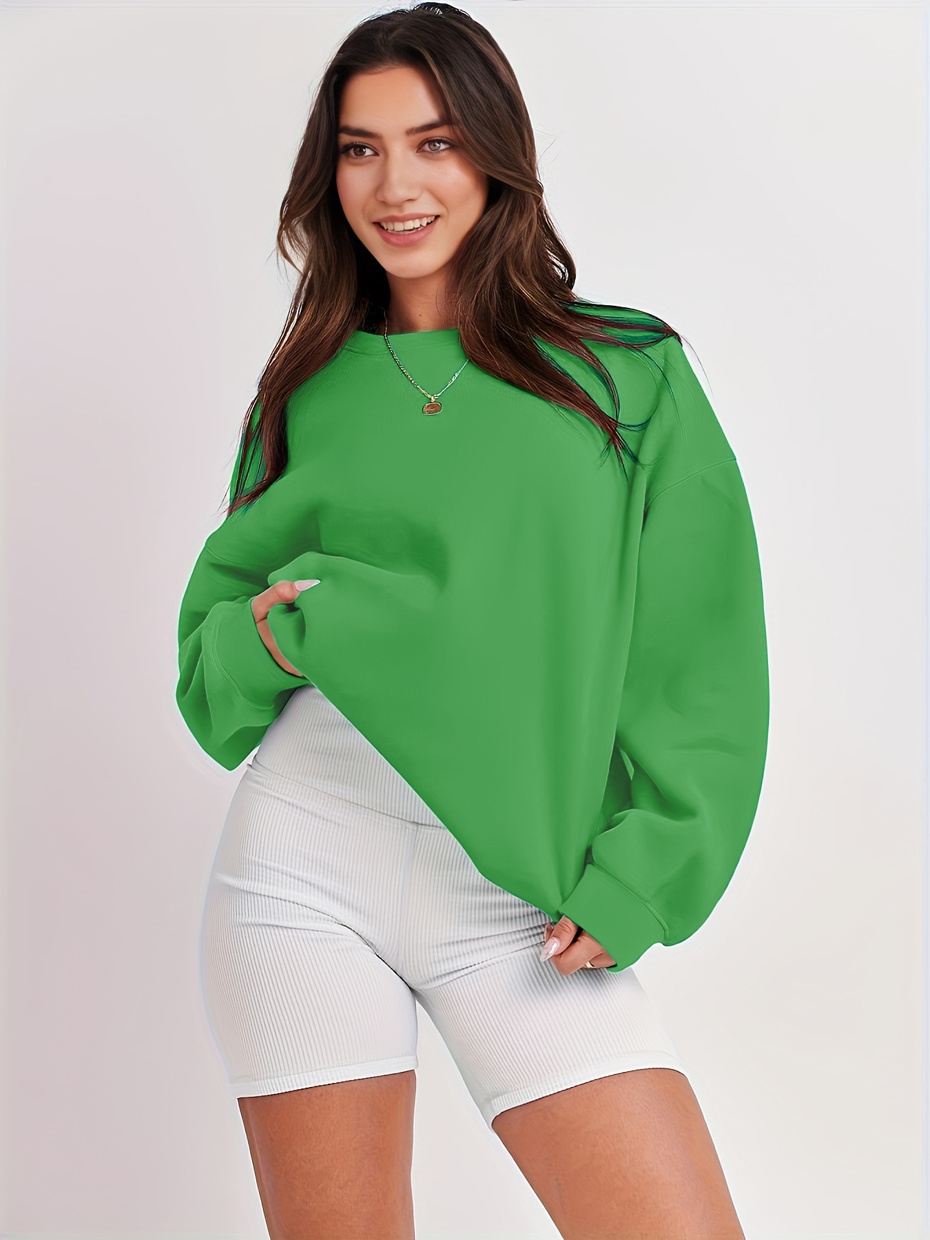 plus size basic sweatshirt womens plus solid long sleeve round neck pullover sweatshirt details 20