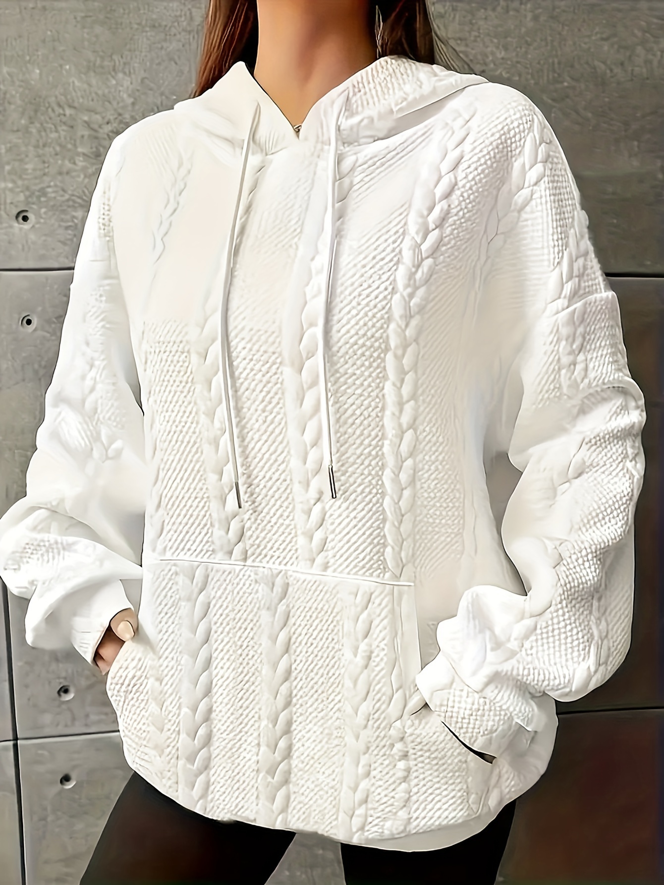 Plus Size Textured Drawstring Hoodie, Casual Long Sleeve Sweatshirt For Fall & Winter, Women s Plus Size Clothing details 1