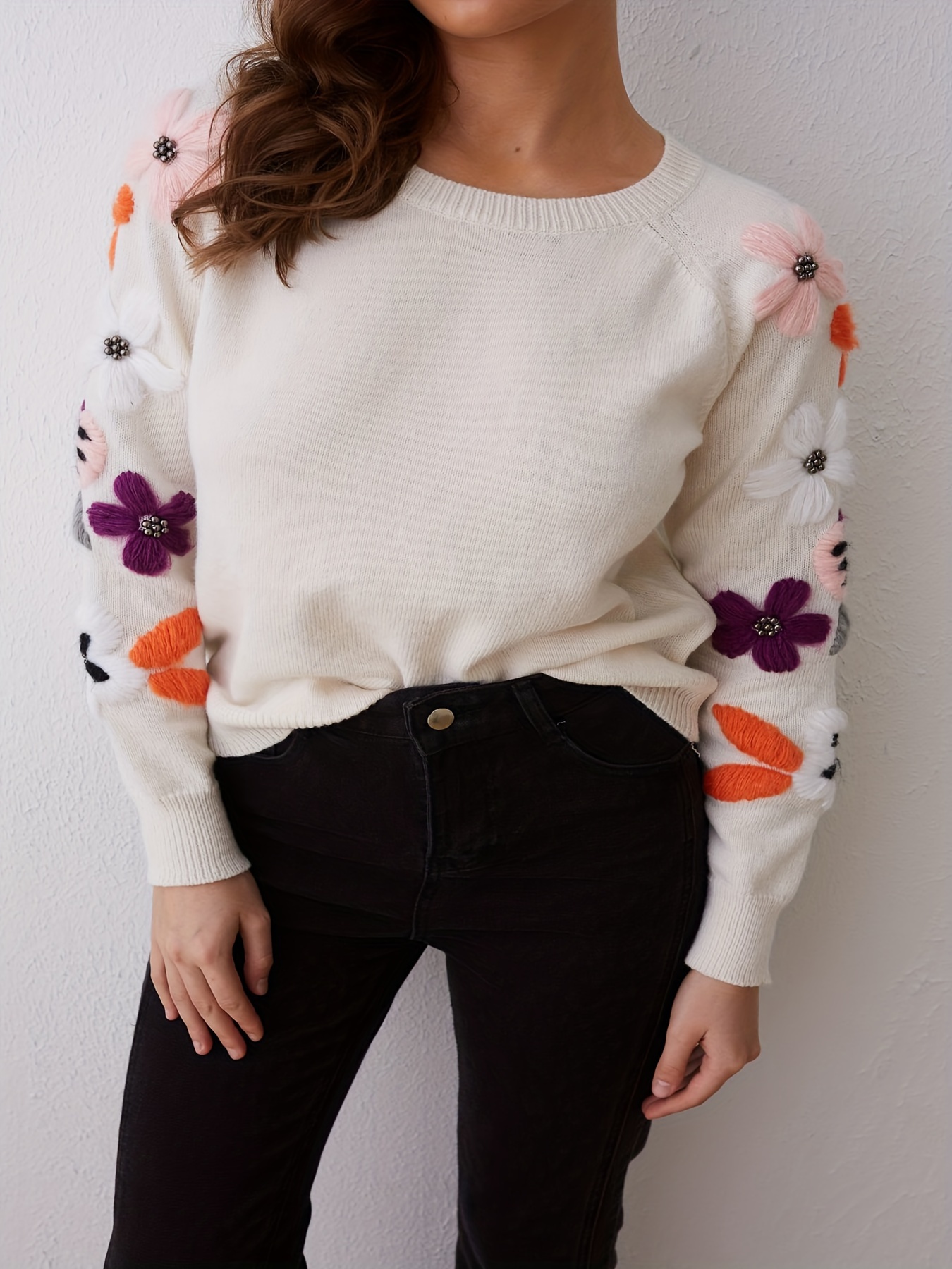 plus size floral print knit sweater casual long sleeve crew neck top for fall winter womens plus size clothing details 1