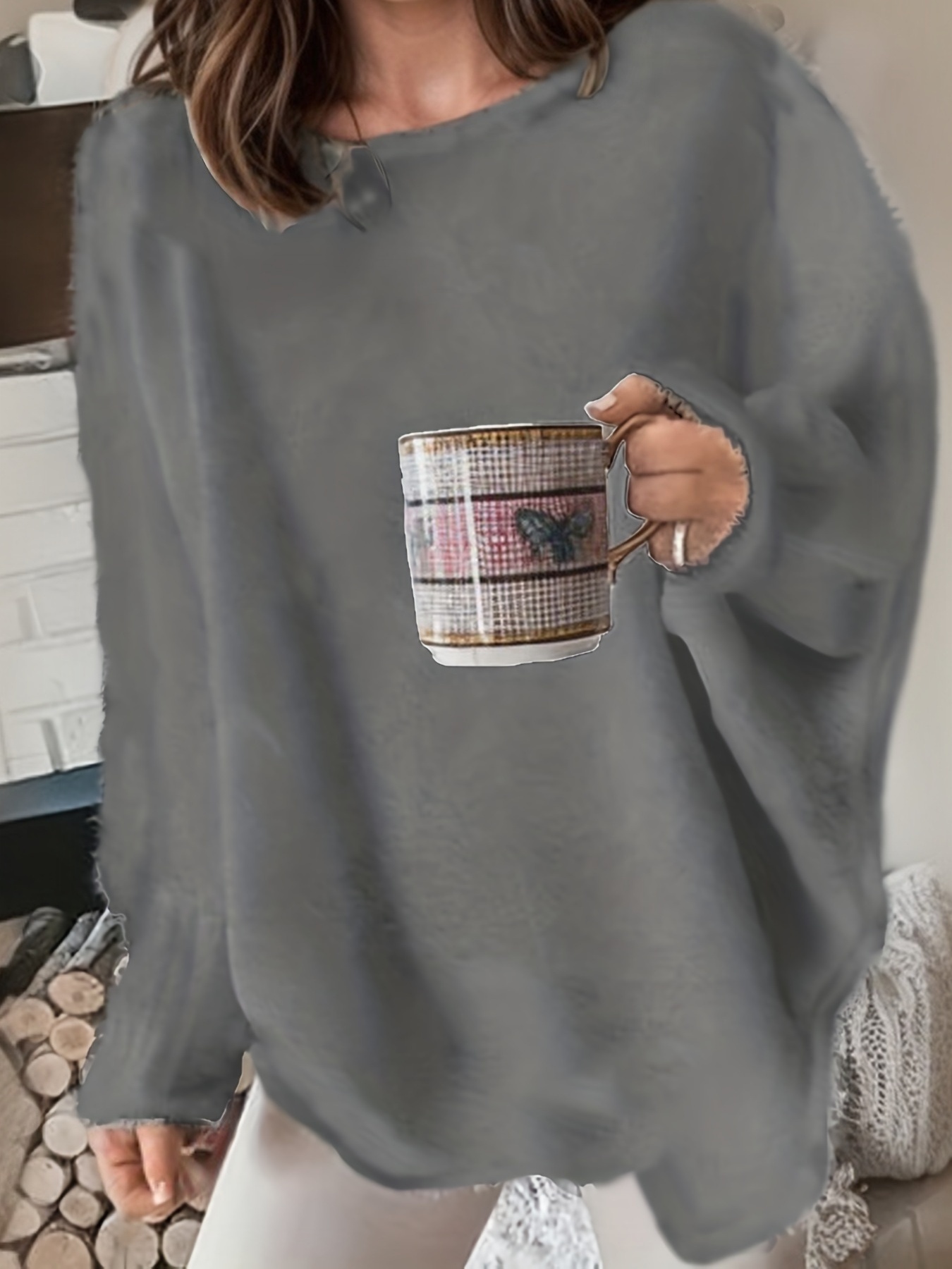 plus size casual sweater womens plus solid fluffy round neck long sleeve sweater details 3