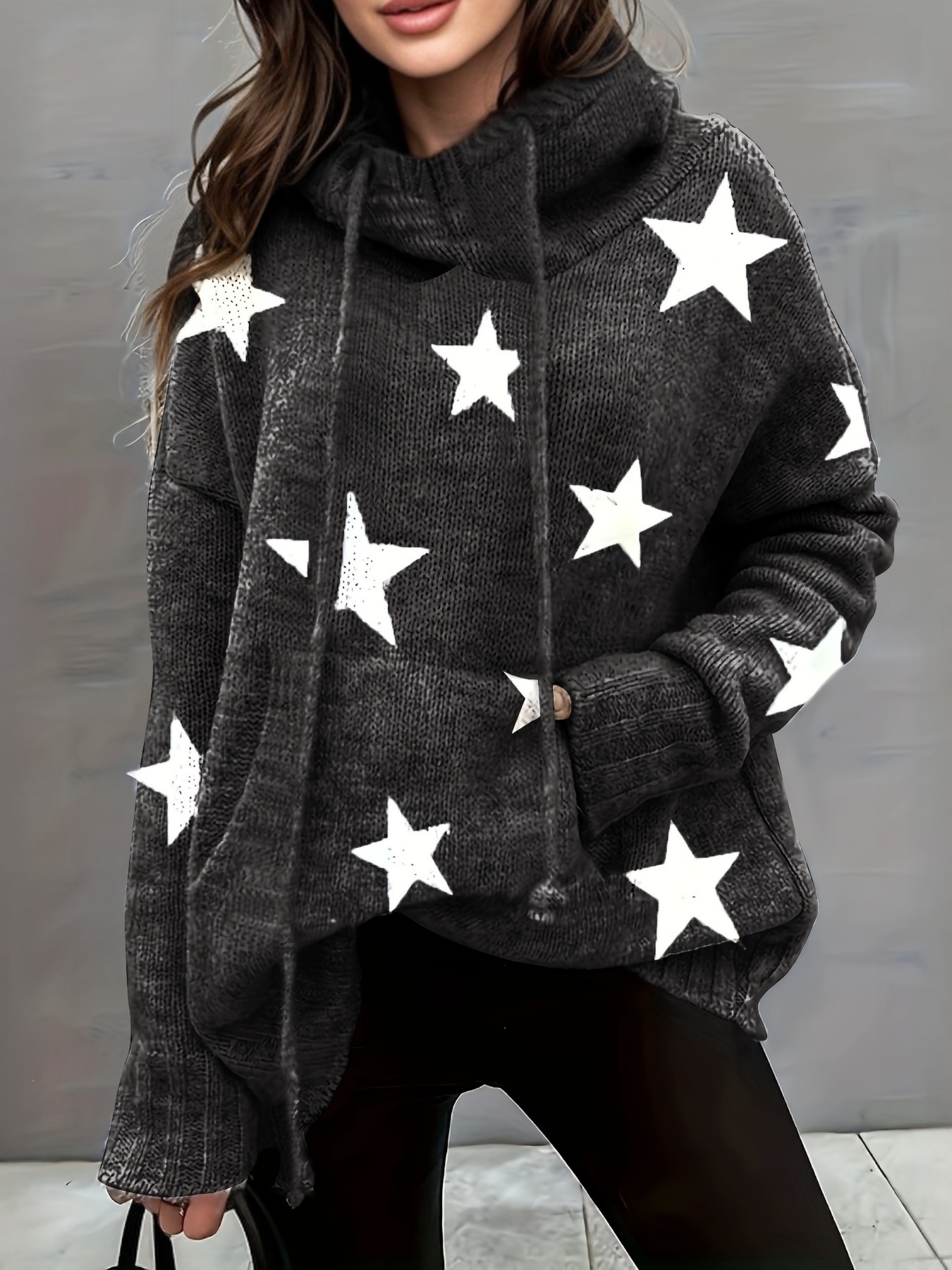 plus size casual sweater womens plus star print long sleeve drawstring hoodie sweater with pockets details 23