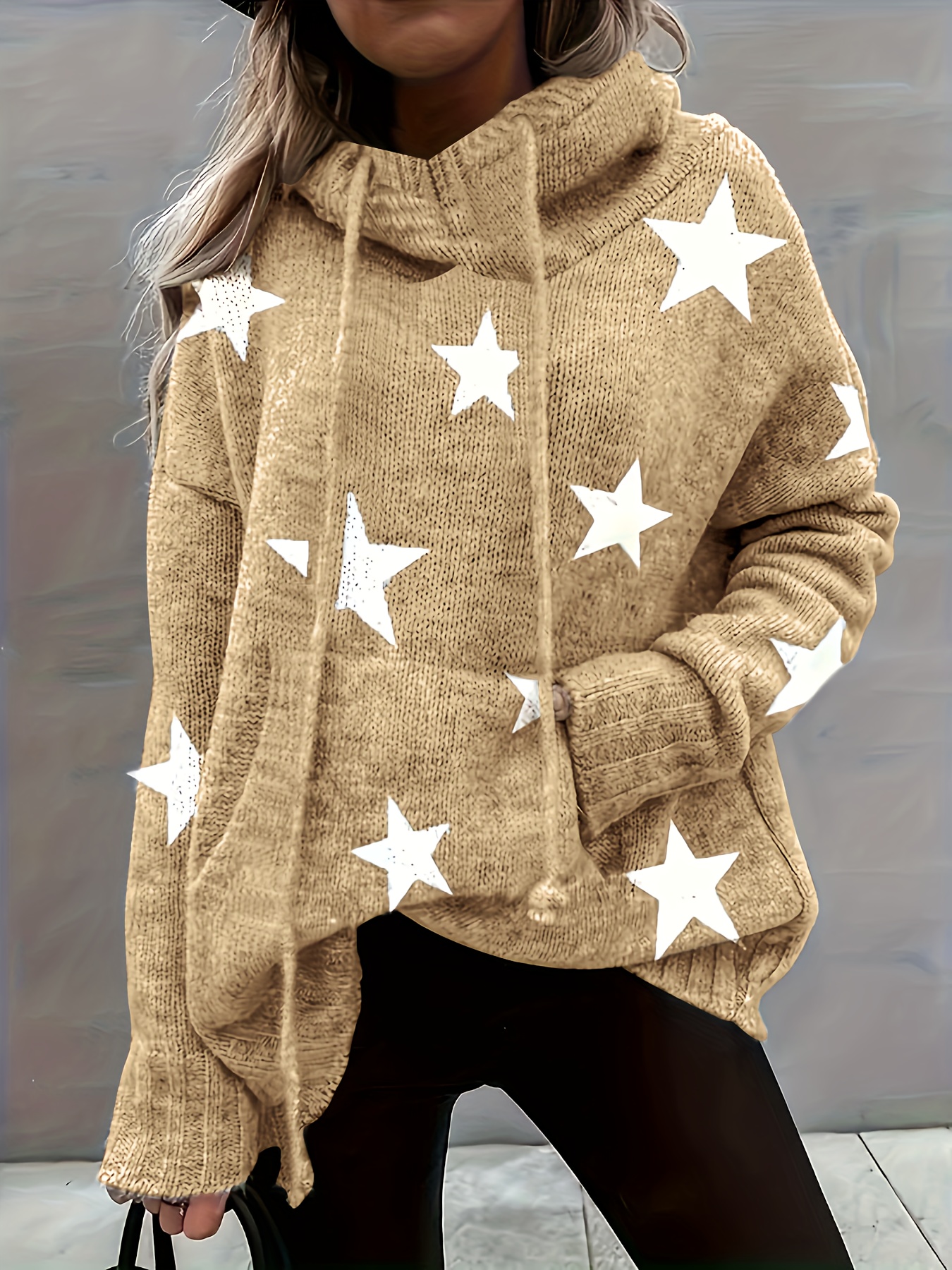 plus size casual sweater womens plus star print long sleeve drawstring hoodie sweater with pockets details 28