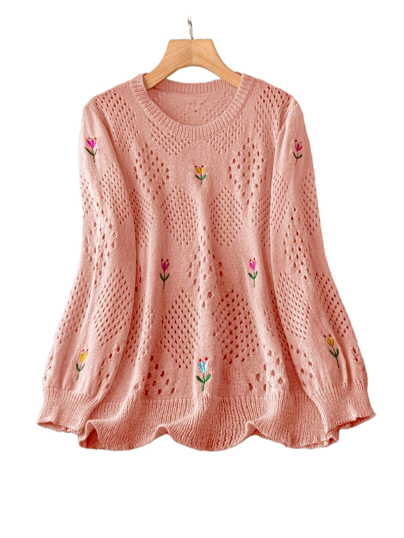 plus size floral embroidery sweater casual cut out long sleeve crew neck sweater for spring womens plus size clothing details 2