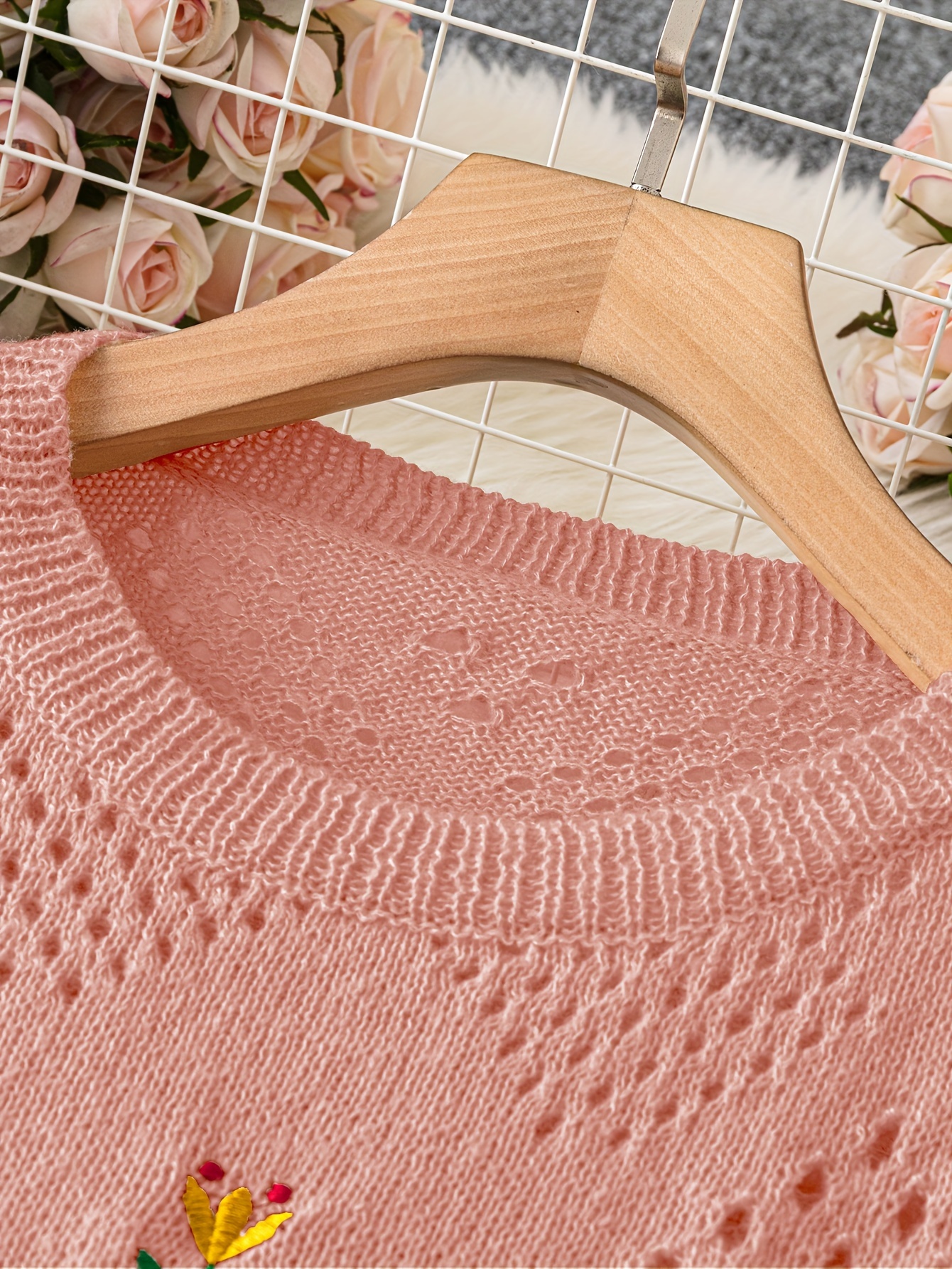 plus size floral embroidery sweater casual cut out long sleeve crew neck sweater for spring womens plus size clothing details 4