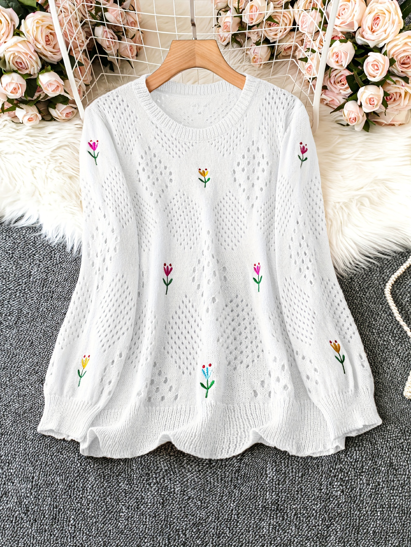 plus size floral embroidery sweater casual cut out long sleeve crew neck sweater for spring womens plus size clothing details 6