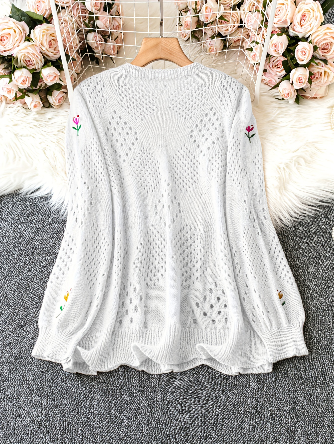 plus size floral embroidery sweater casual cut out long sleeve crew neck sweater for spring womens plus size clothing details 7