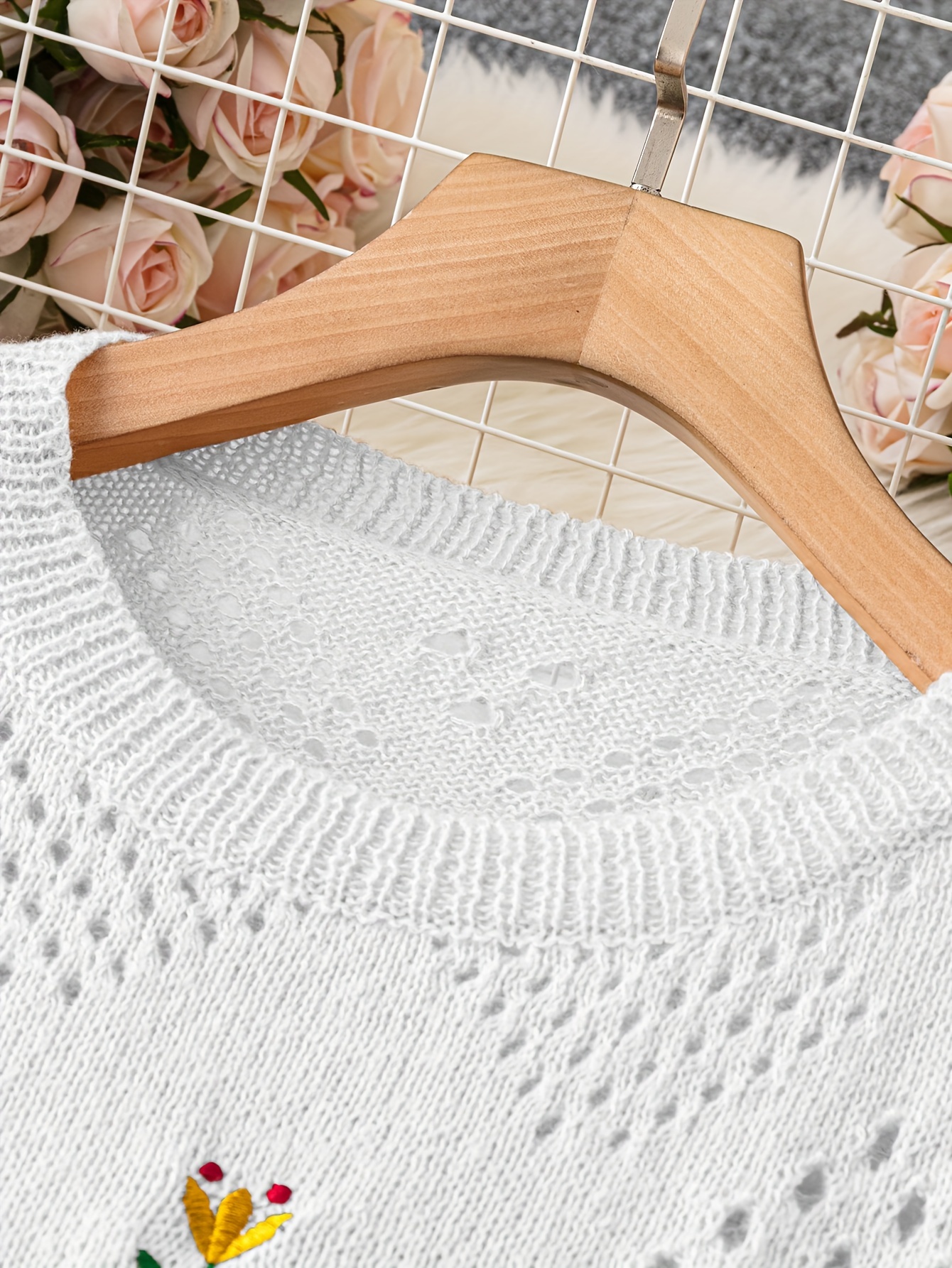 plus size floral embroidery sweater casual cut out long sleeve crew neck sweater for spring womens plus size clothing details 8