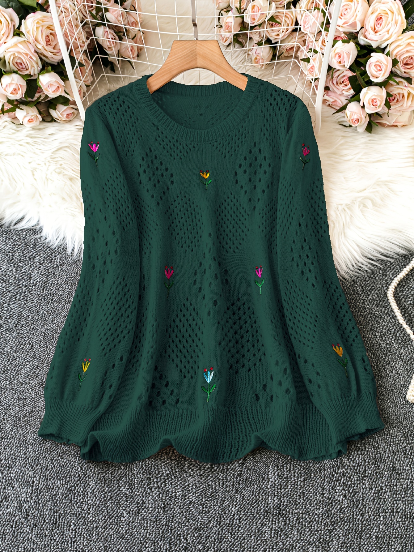 plus size floral embroidery sweater casual cut out long sleeve crew neck sweater for spring womens plus size clothing details 11