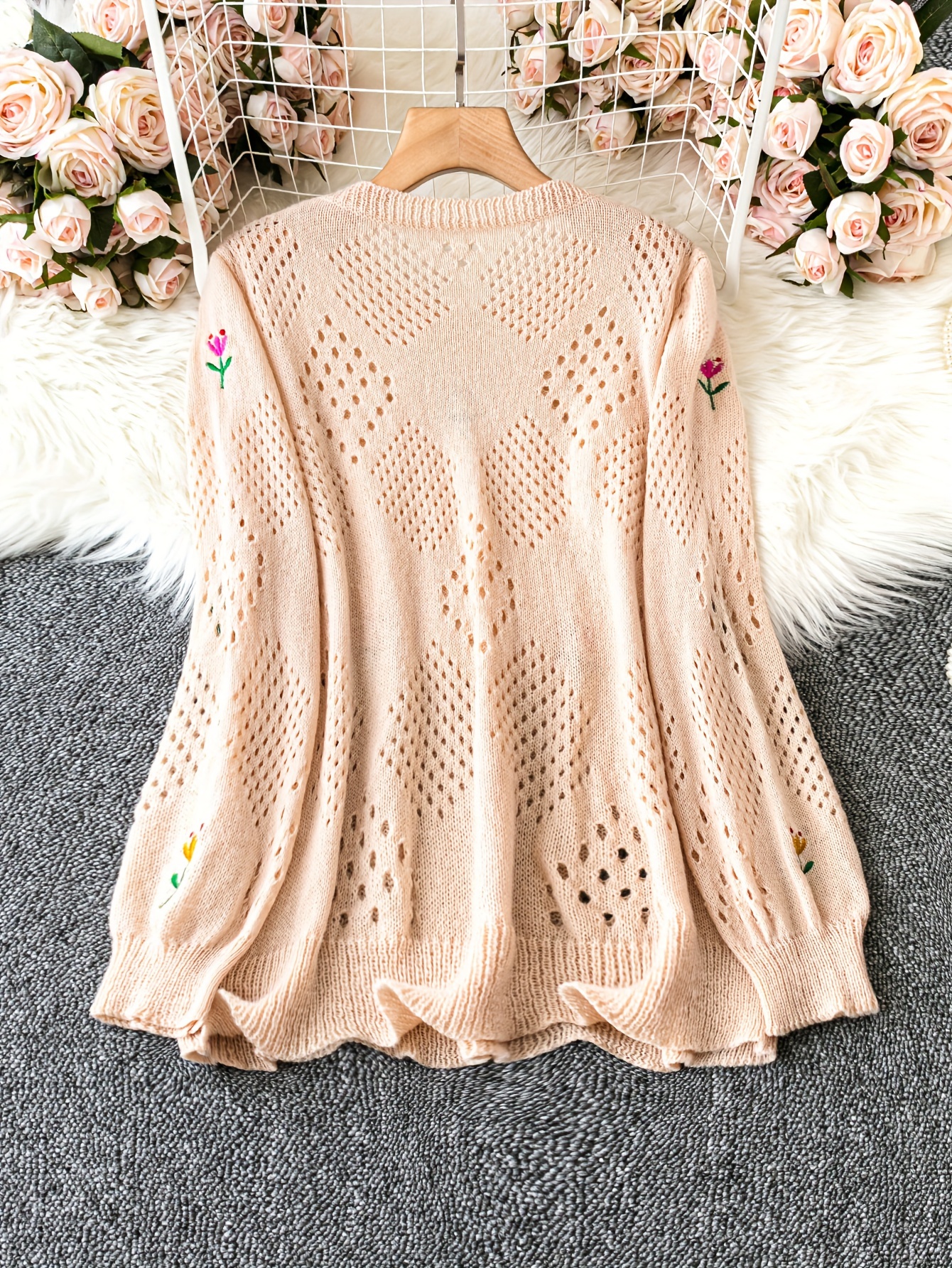 plus size floral embroidery sweater casual cut out long sleeve crew neck sweater for spring womens plus size clothing details 23