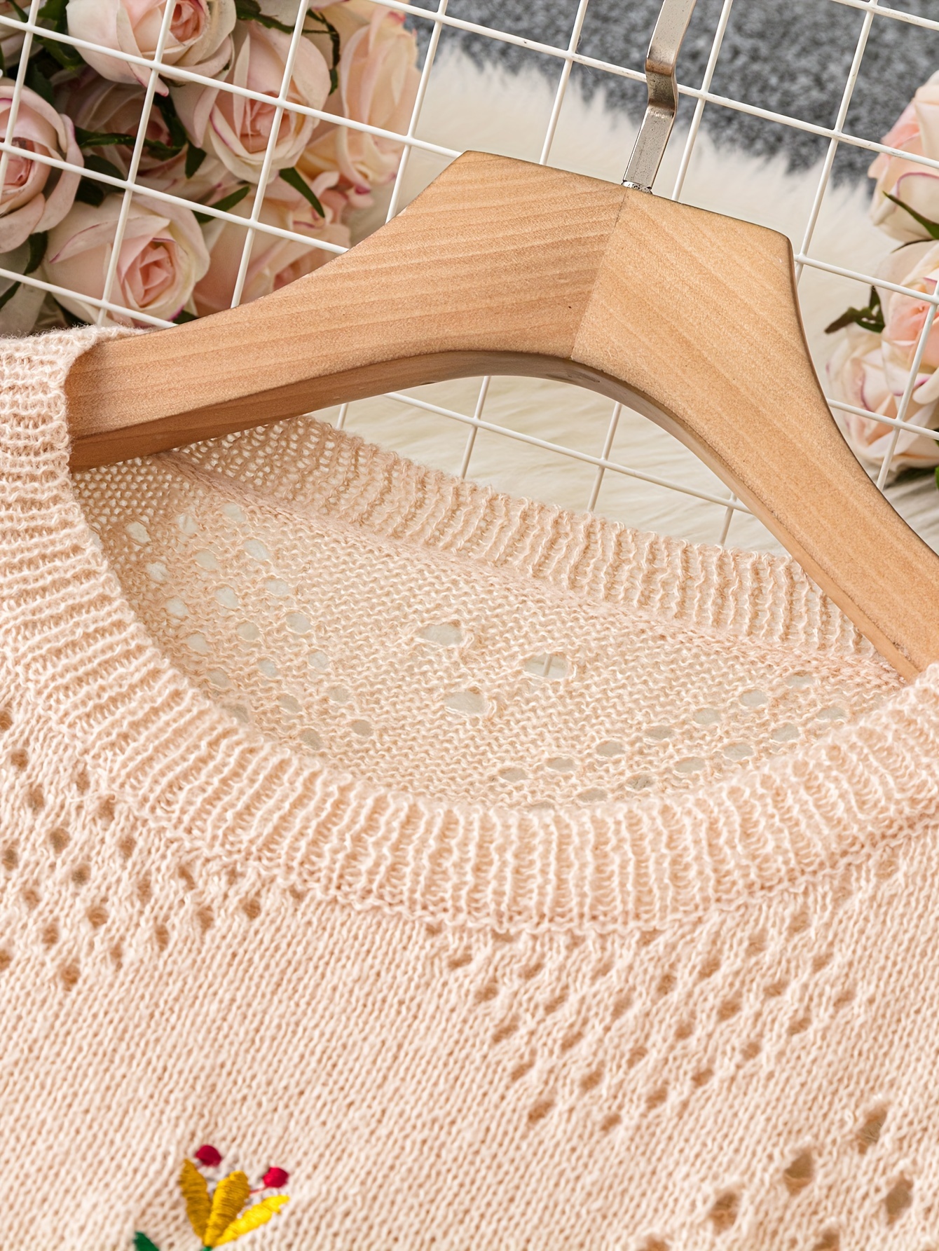 plus size floral embroidery sweater casual cut out long sleeve crew neck sweater for spring womens plus size clothing details 27