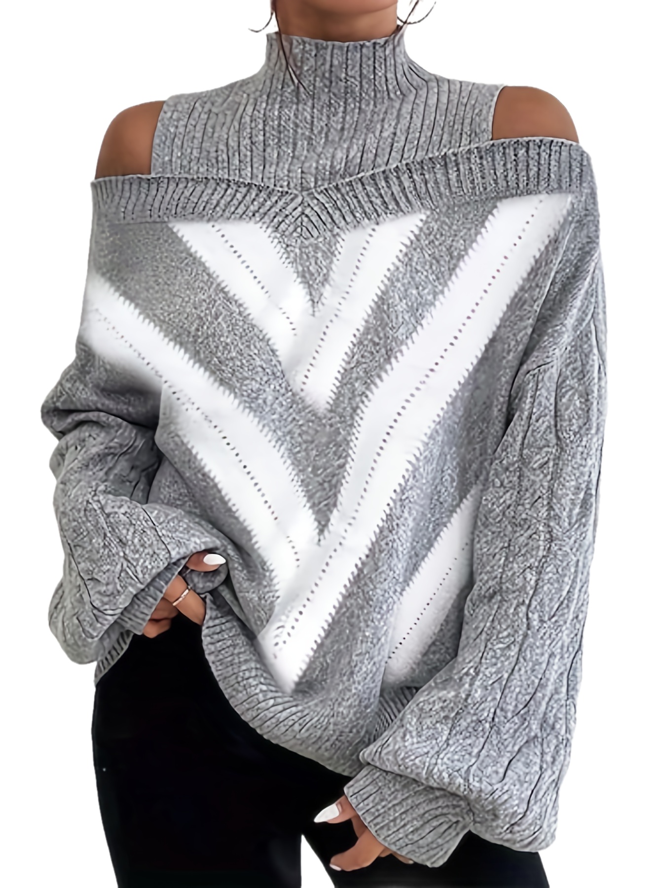 plus size casual sweater womens plus geometric print cold shoulder long sleeve slight stretch turtle neck sweater details 13