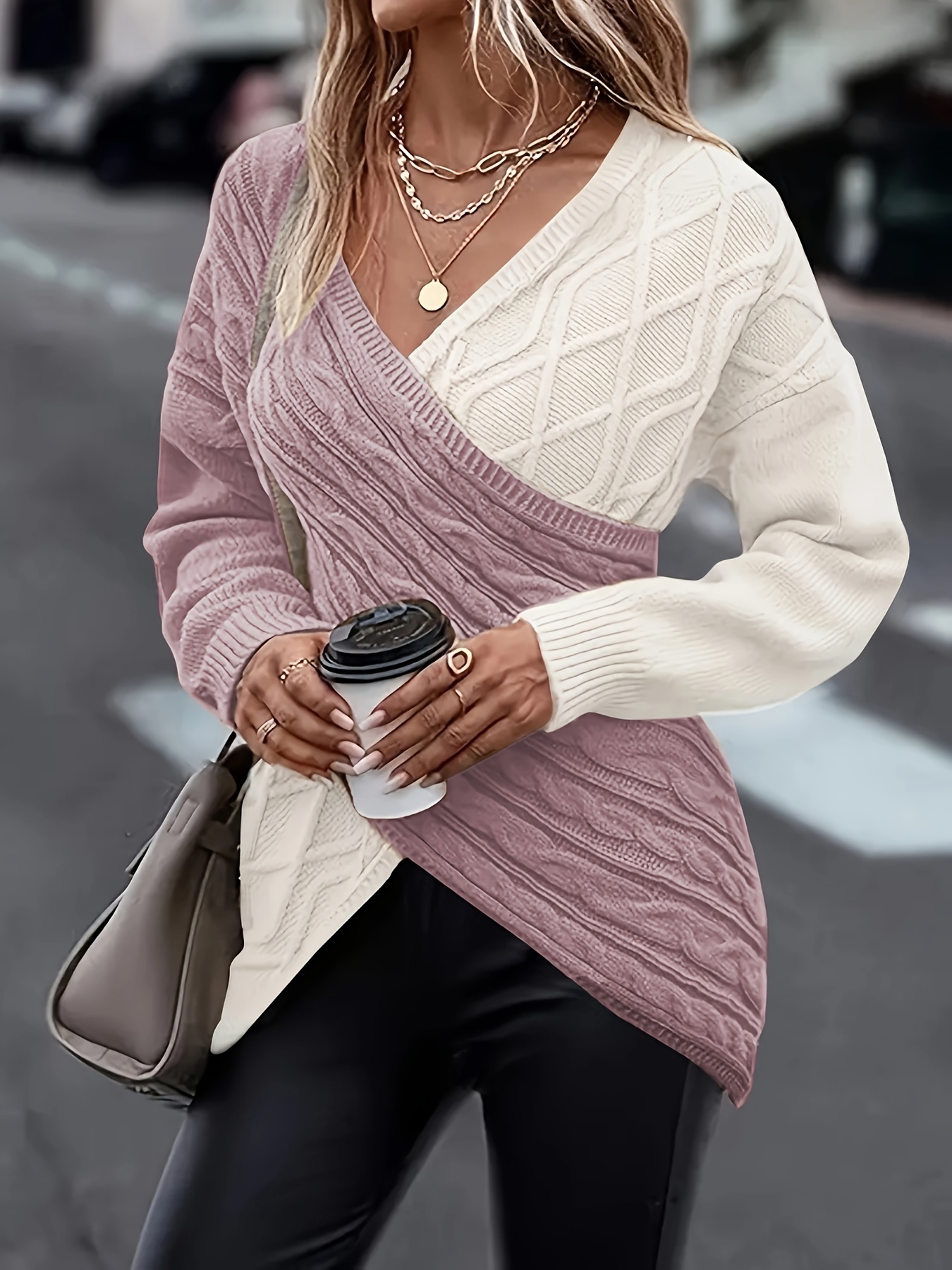 plus size twist front colorblock sweater casual long sleeve v neck sweater for fall winter womens plus size clothing details 0