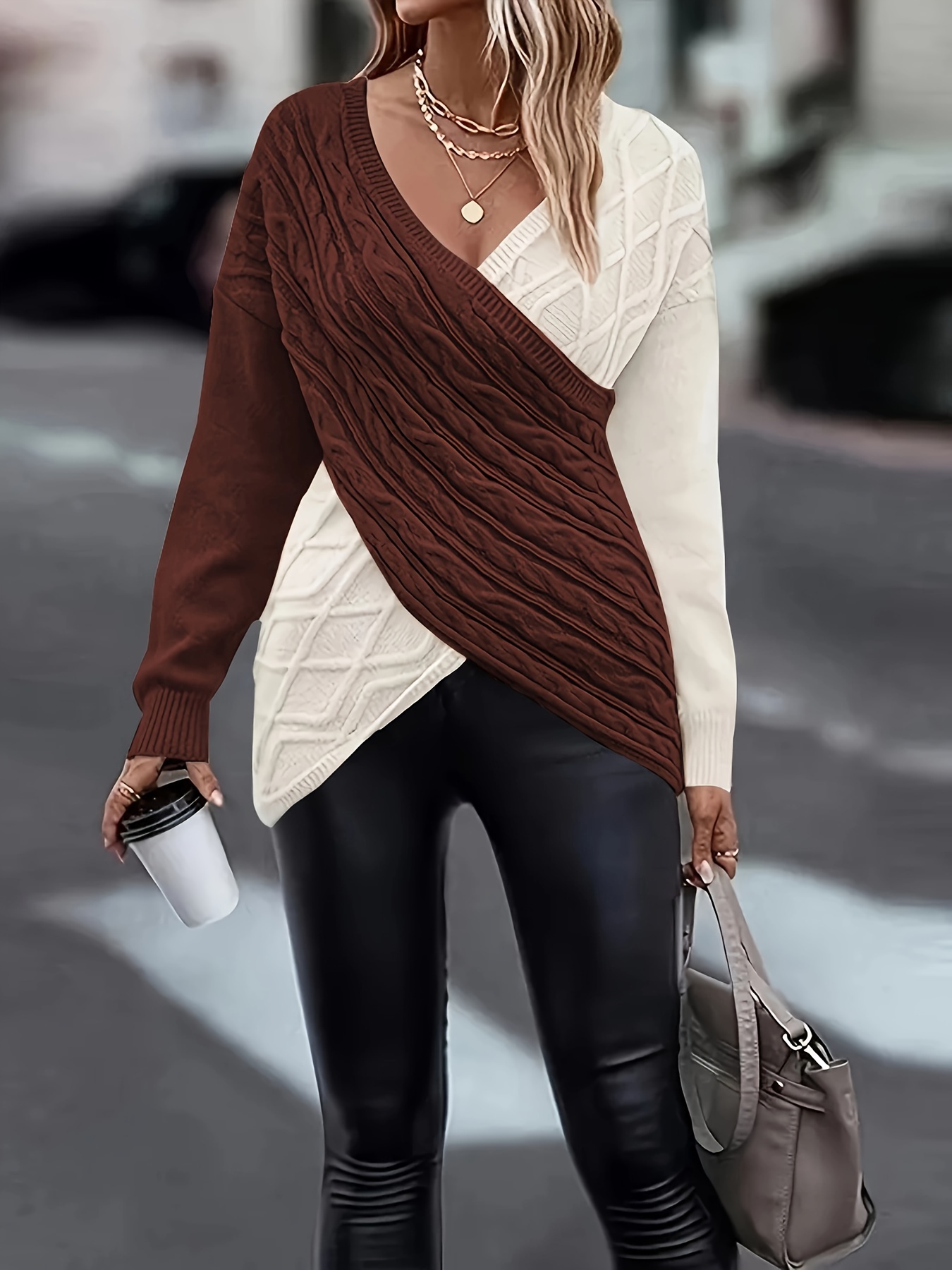 plus size twist front colorblock sweater casual long sleeve v neck sweater for fall winter womens plus size clothing details 7