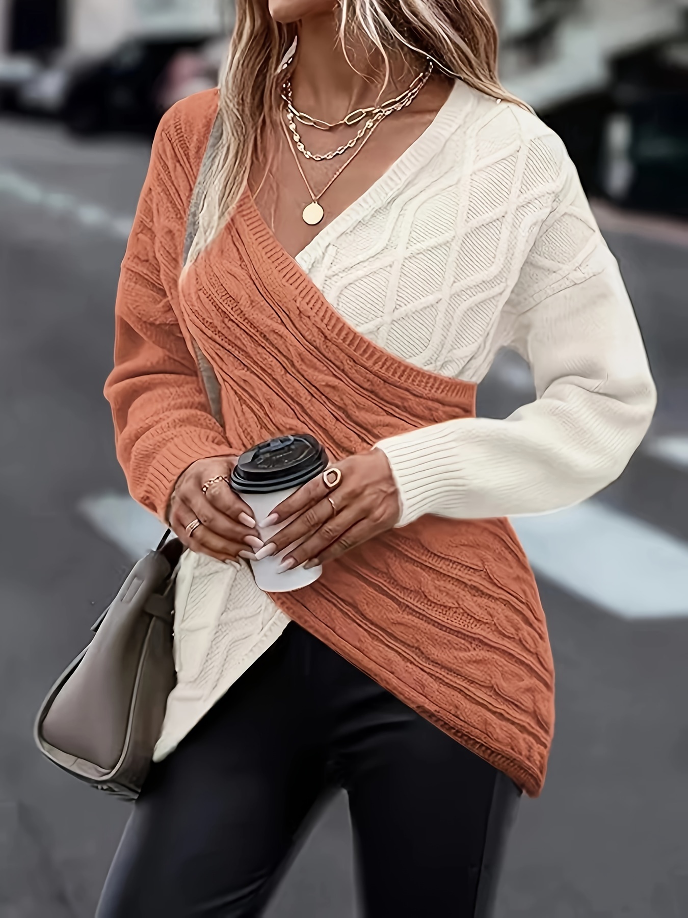 plus size twist front colorblock sweater casual long sleeve v neck sweater for fall winter womens plus size clothing details 20