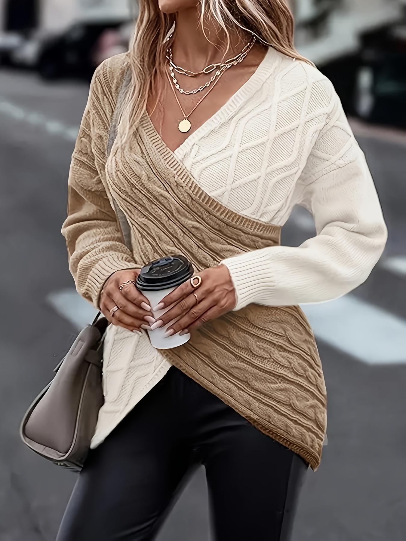 plus size twist front colorblock sweater casual long sleeve v neck sweater for fall winter womens plus size clothing details 25