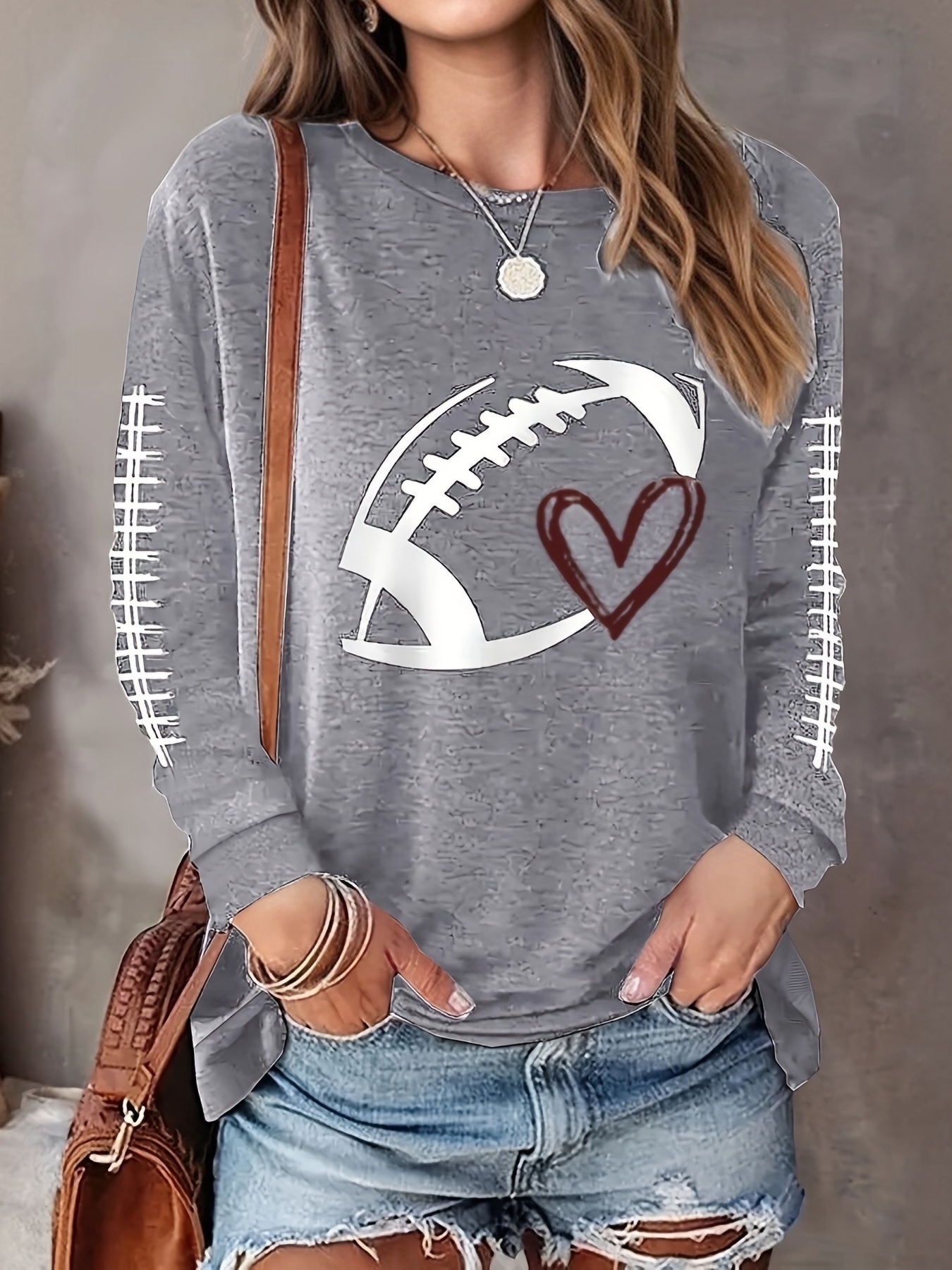 plus size casual top womens plus rugby heart print long sleeve round neck medium stretch top details 3