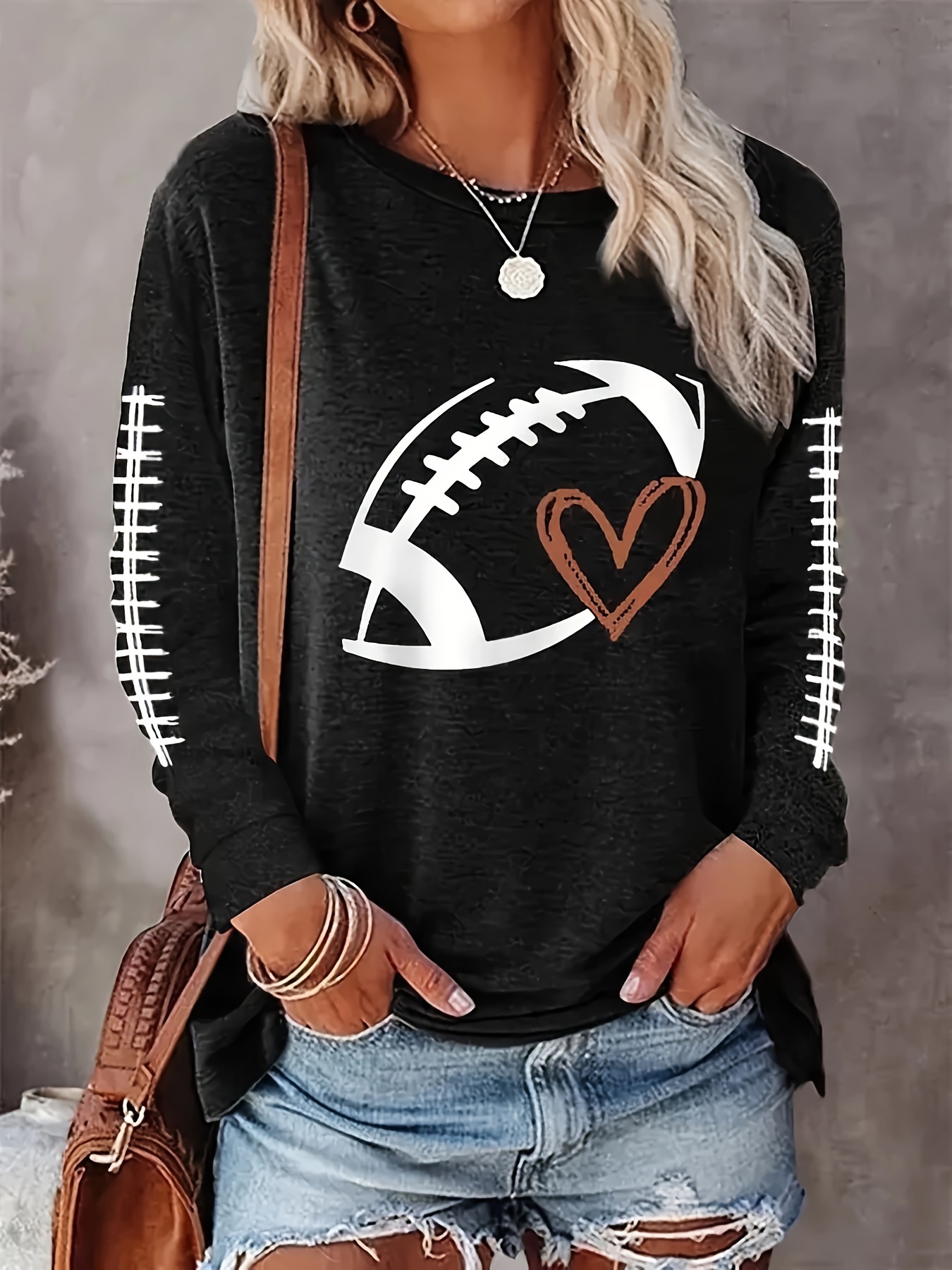 plus size casual top womens plus rugby heart print long sleeve round neck medium stretch top details 12