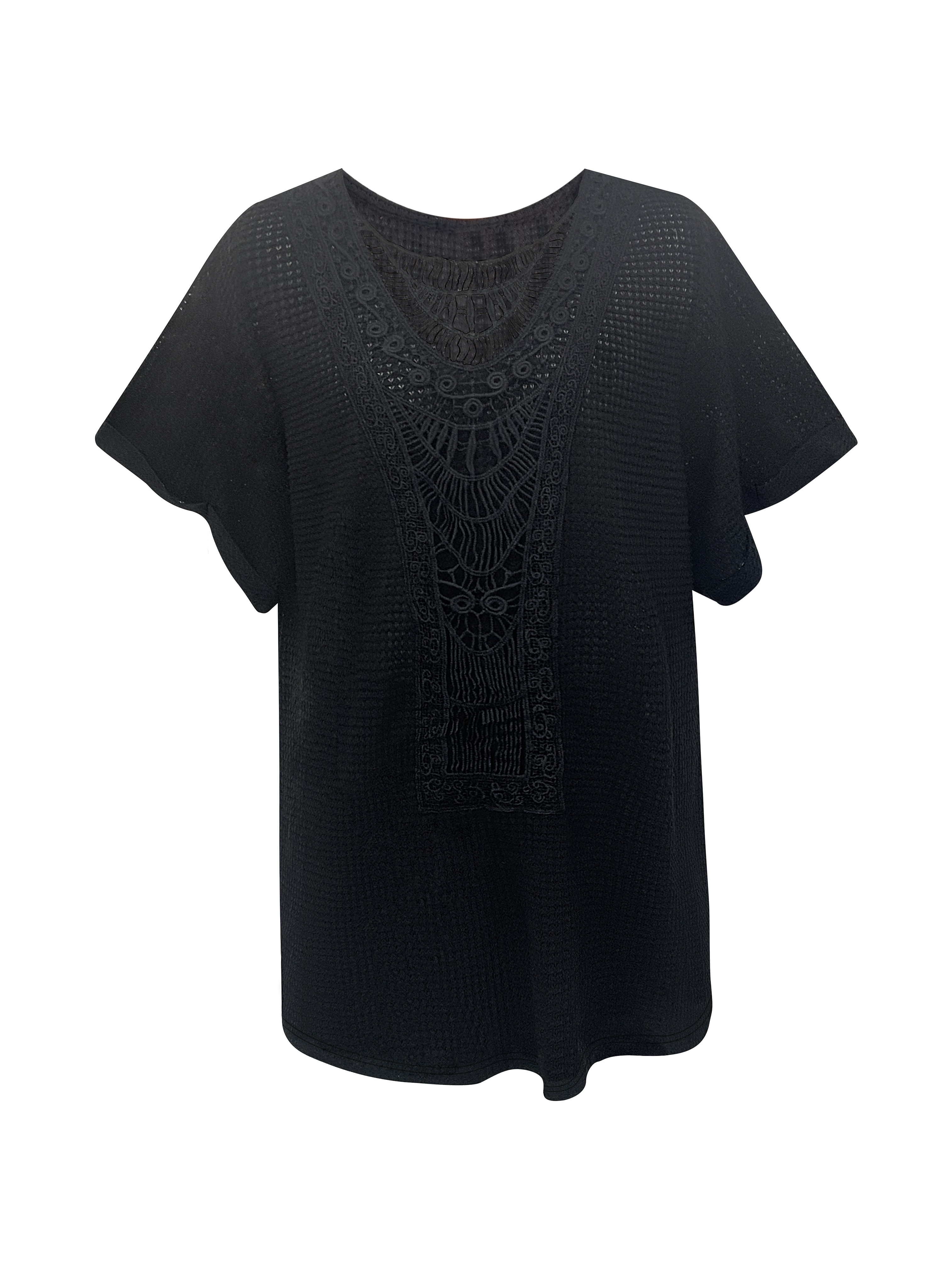 plus size contrast lace top casual crew neck short sleeve top womens plus size clothing details 1