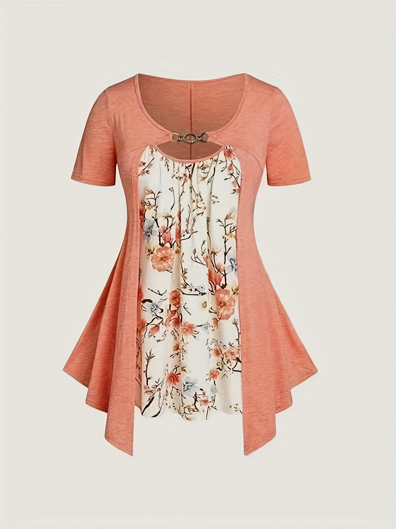 plus size floral print cutout top casual short sleeve top for spring summer womens plus size clothing details 15