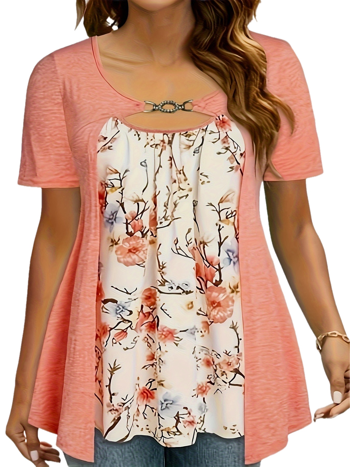 plus size floral print cutout top casual short sleeve top for spring summer womens plus size clothing details 18