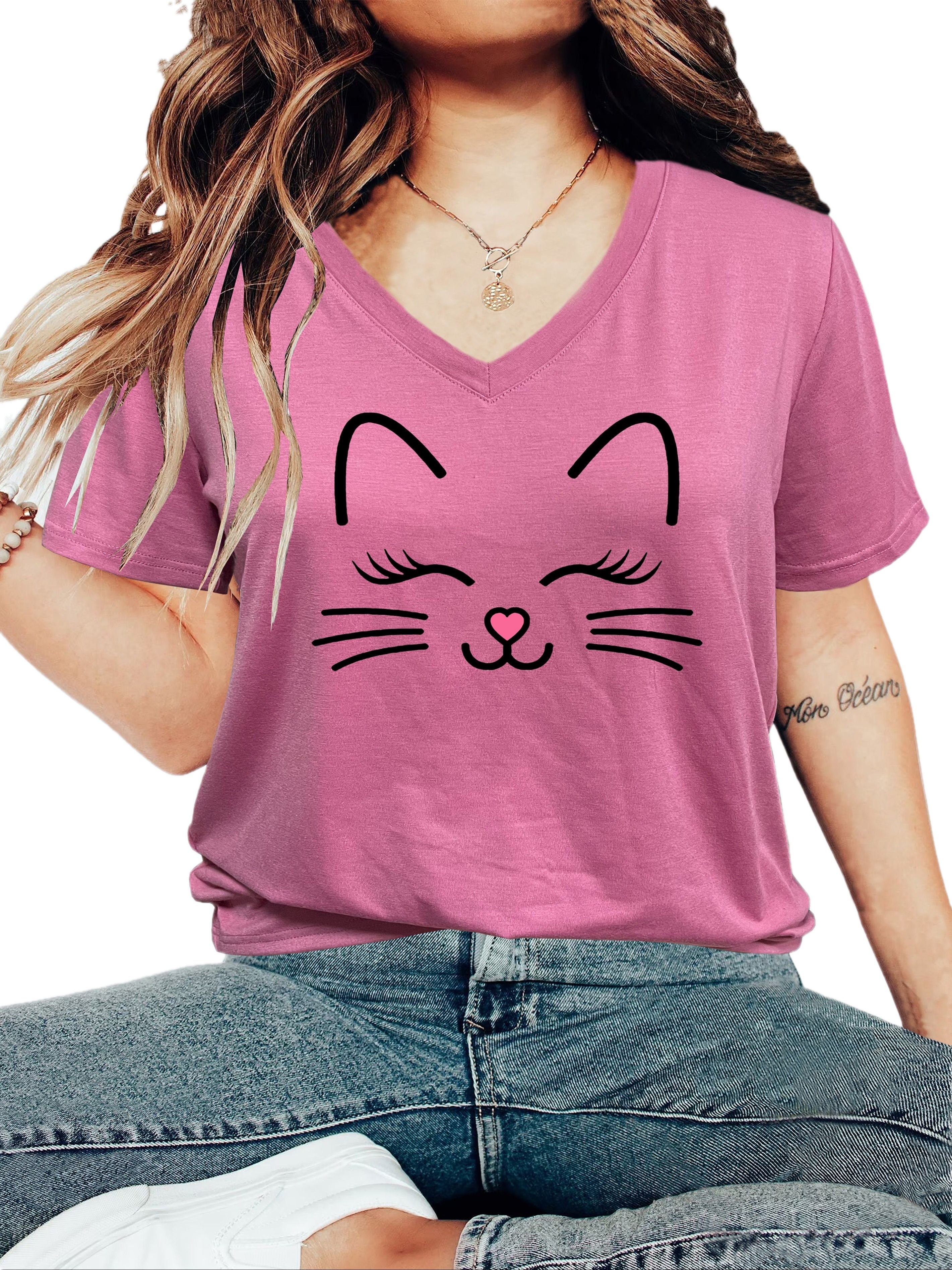 plus size cartoon cat print t shirt casual v neck short sleeve t shirt womens plus size clothing details 7
