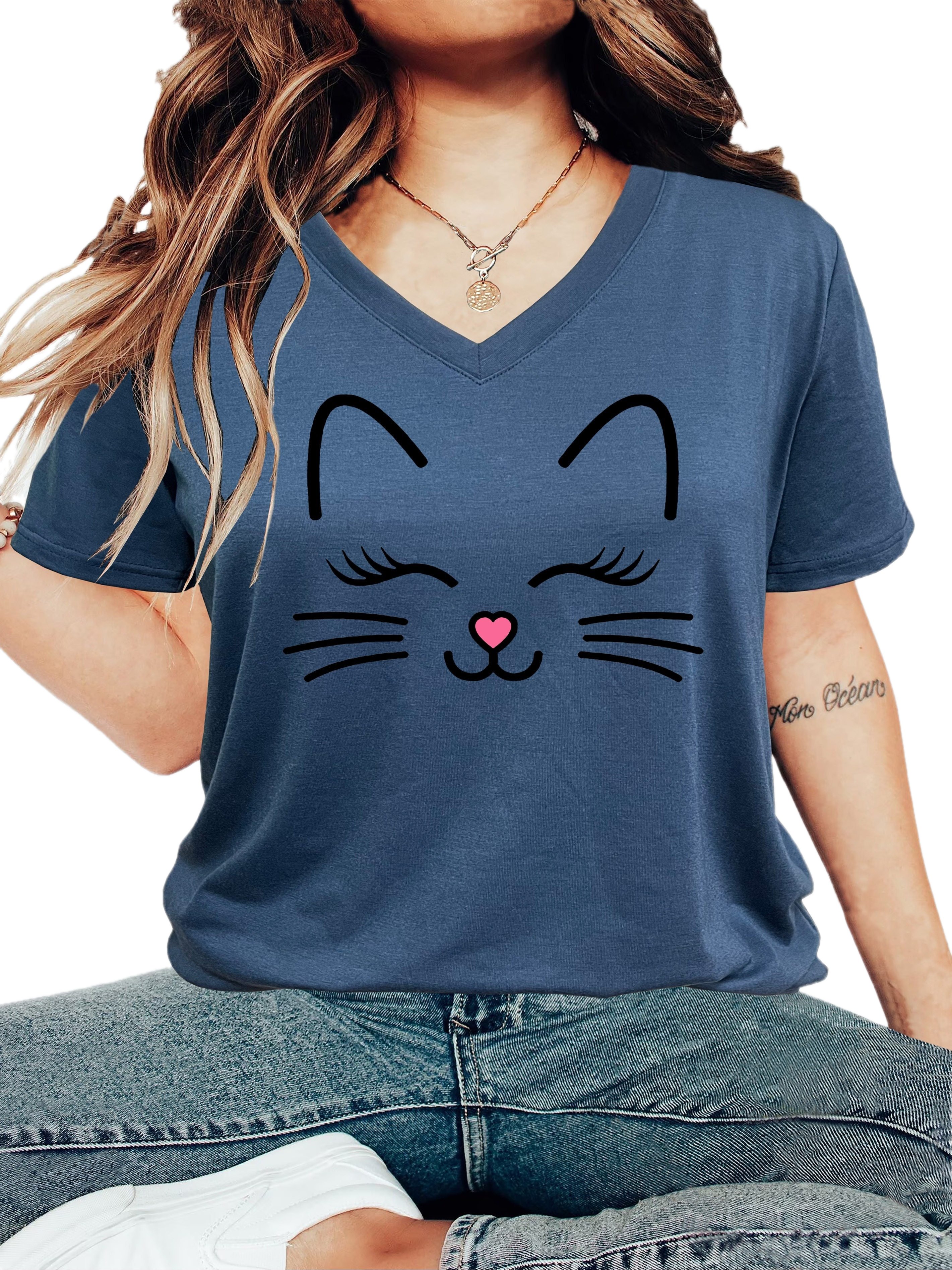 plus size cartoon cat print t shirt casual v neck short sleeve t shirt womens plus size clothing details 11