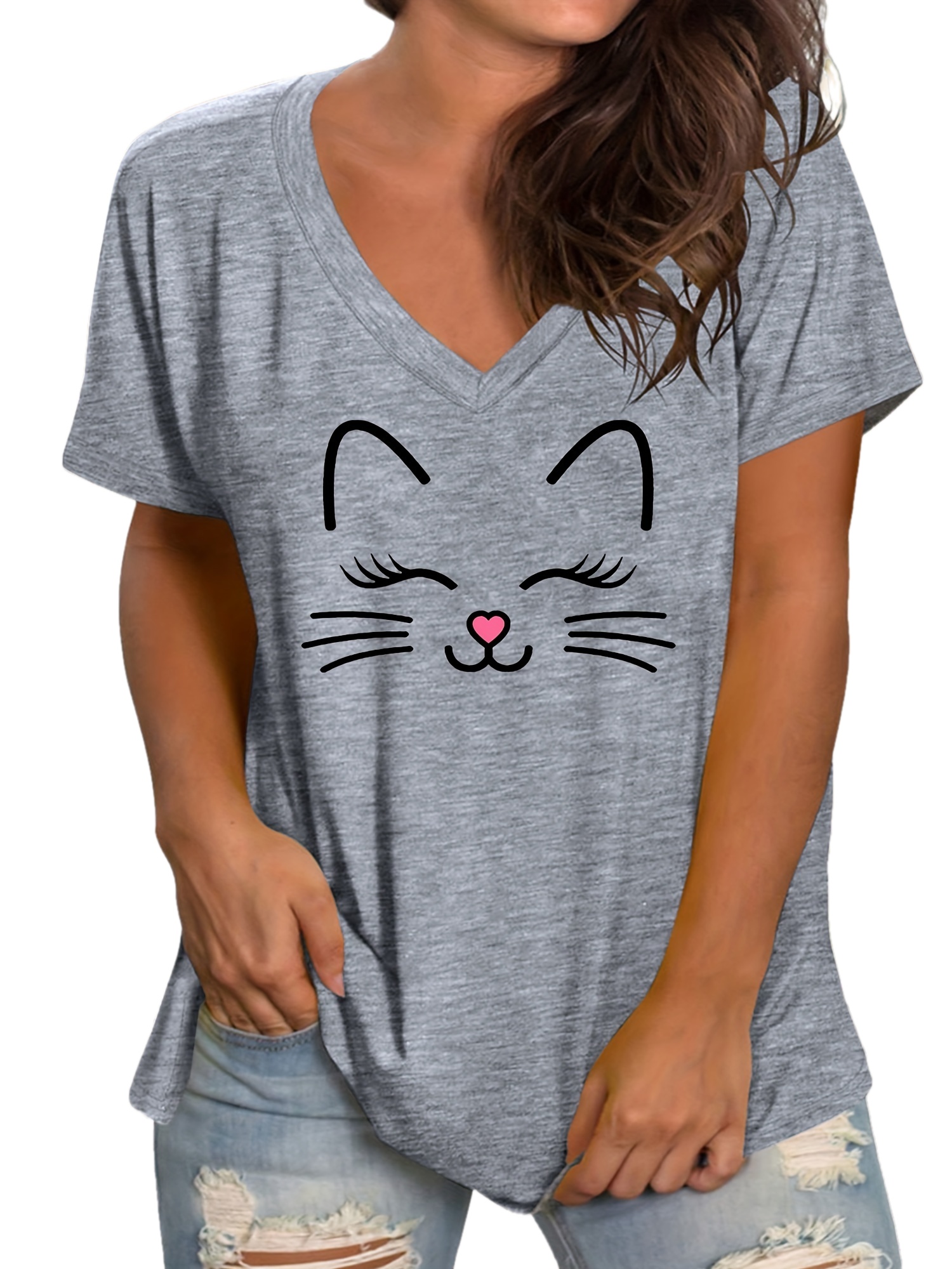 plus size cartoon cat print t shirt casual v neck short sleeve t shirt womens plus size clothing details 23