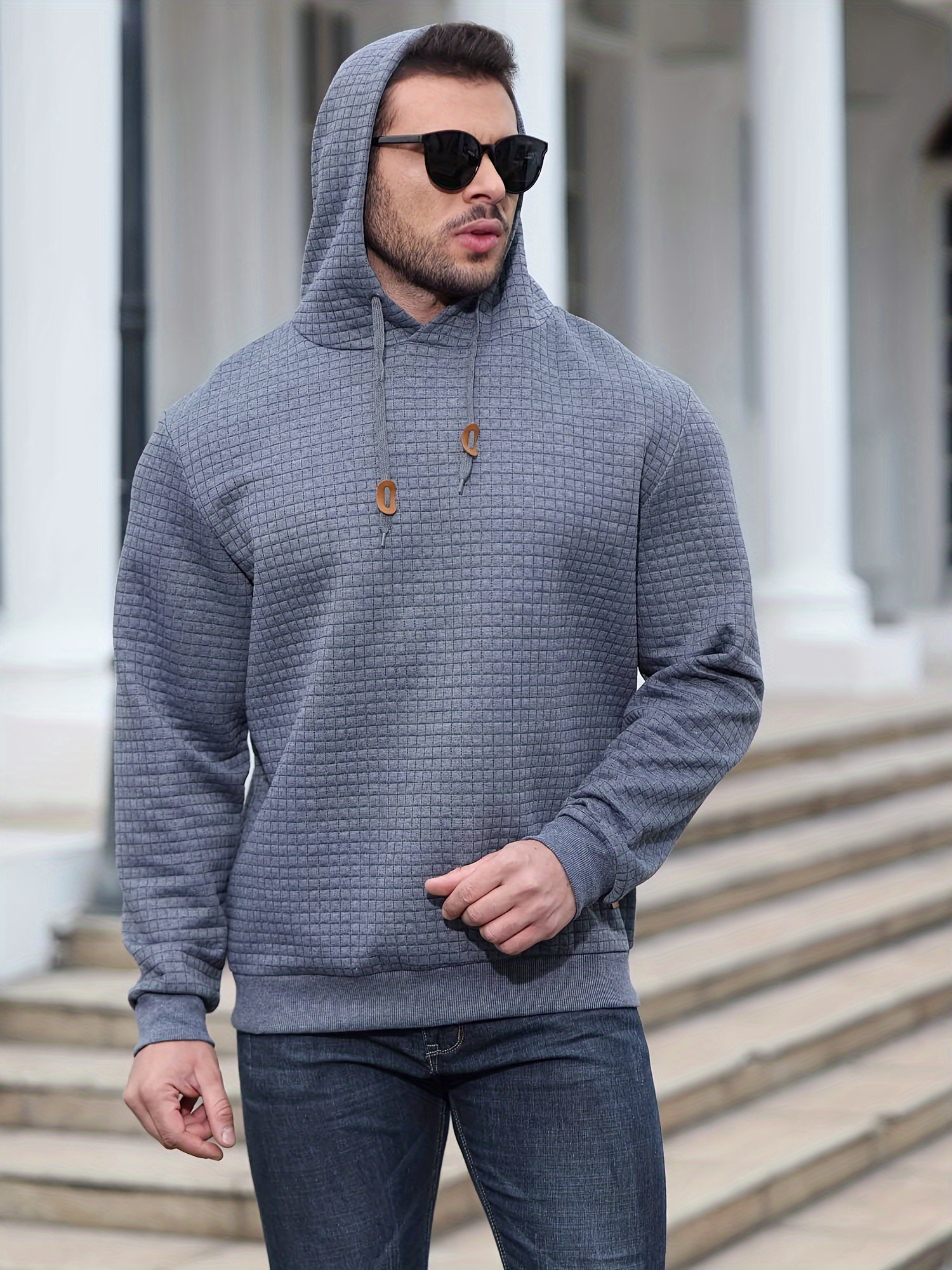 spring autumn mens plus size y2k casual sweater sports sweatshirt hooded sweater checkered jacquard street long sleeved pullover with drawstring details 30