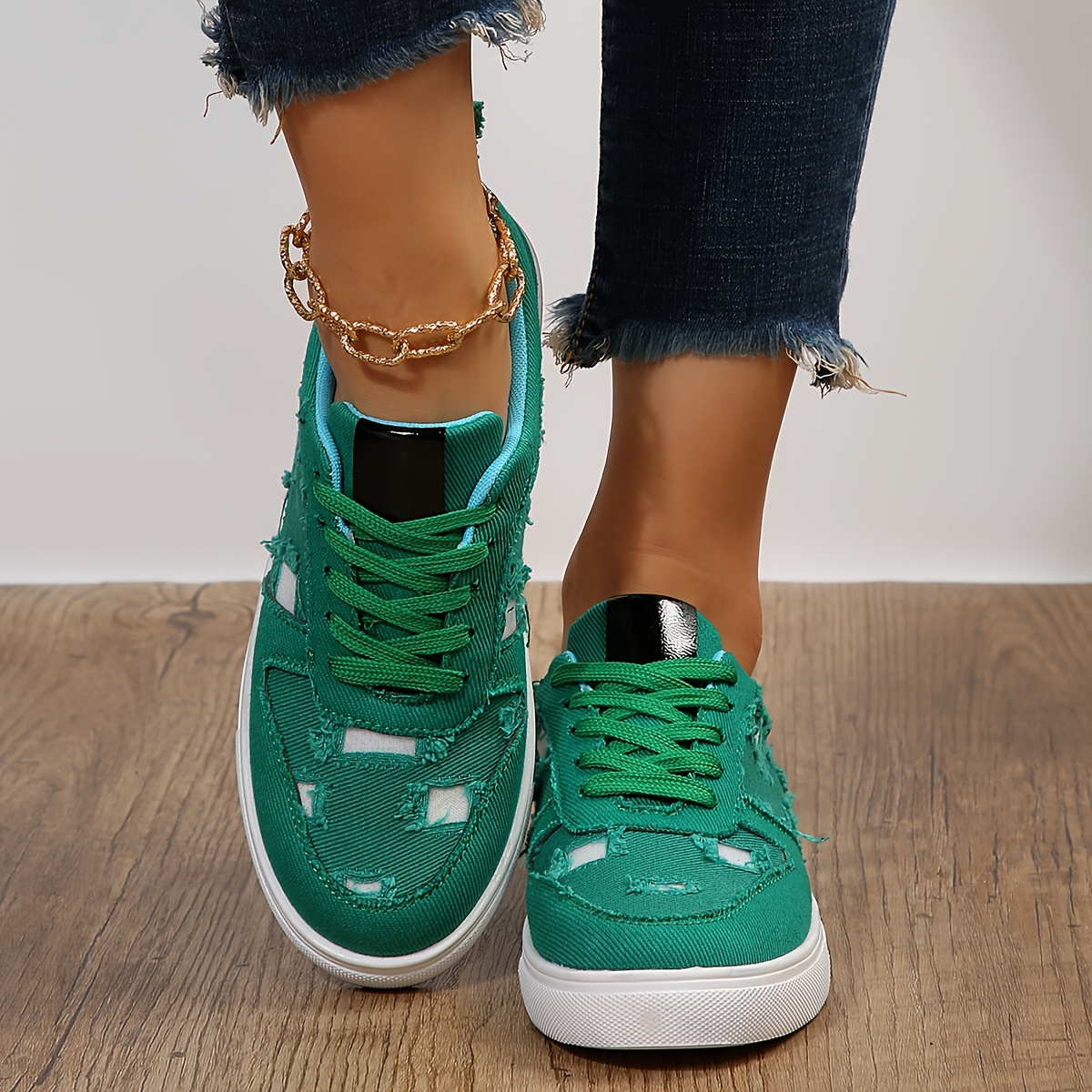 Women s Ripped Detail Canvas Shoes Casual Lace Low Top Flat details 6